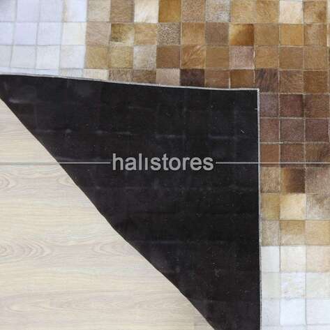 Krem-Koyu Kahve Deri Patchwork Halı - 6