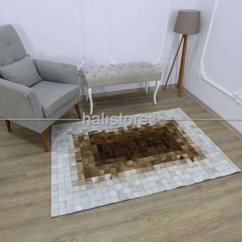 Krem-Koyu Kahve Deri Patchwork Halı - 2