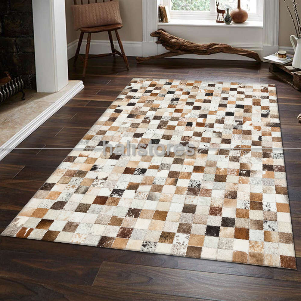 Krem Renkli Deri Patchwork Halı