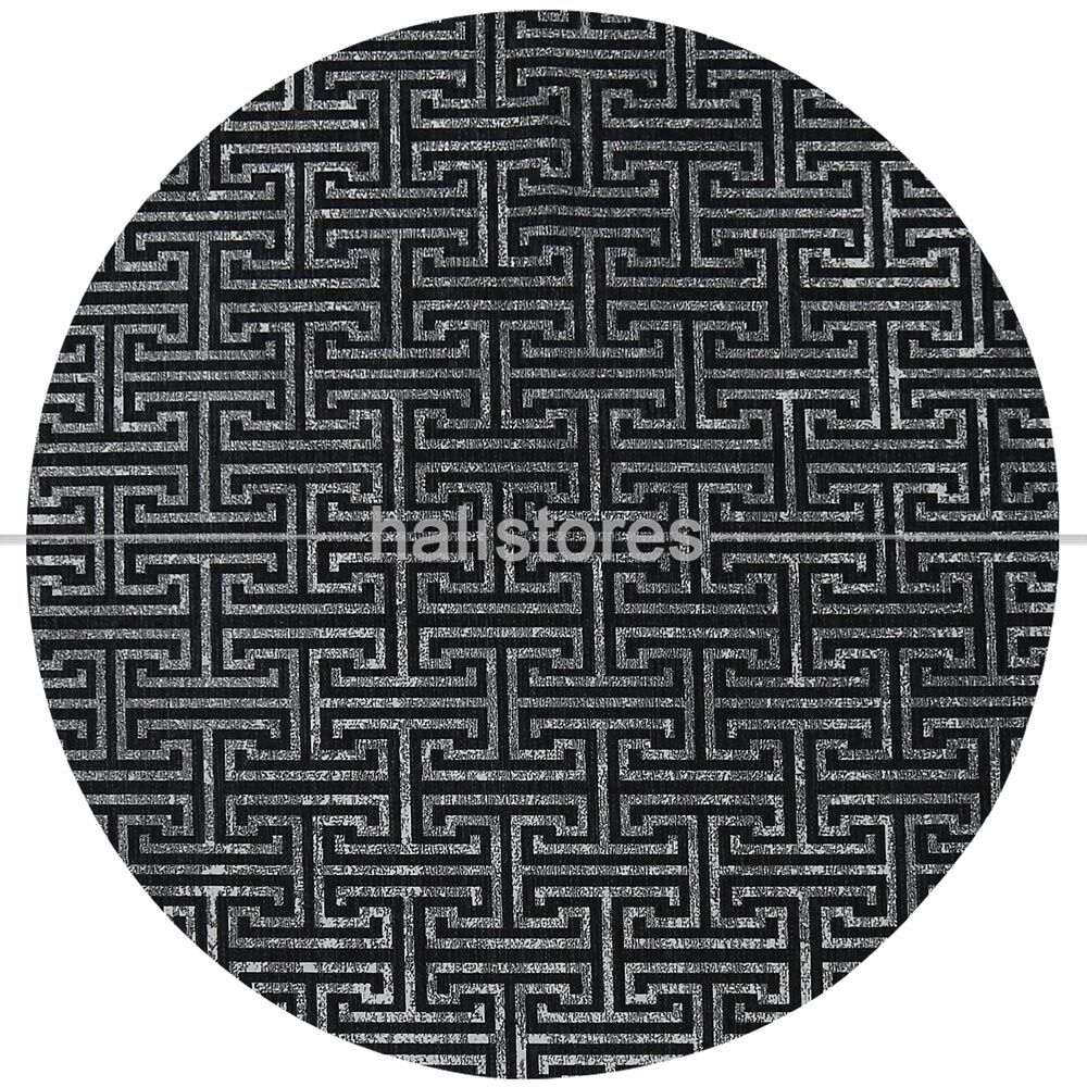 Labirent Desenli Siyah-Gri Yuvarlak Halı Zen