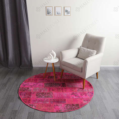 Liviadora Antik Yuvarlak Patchwork Halı Fuşya - 2