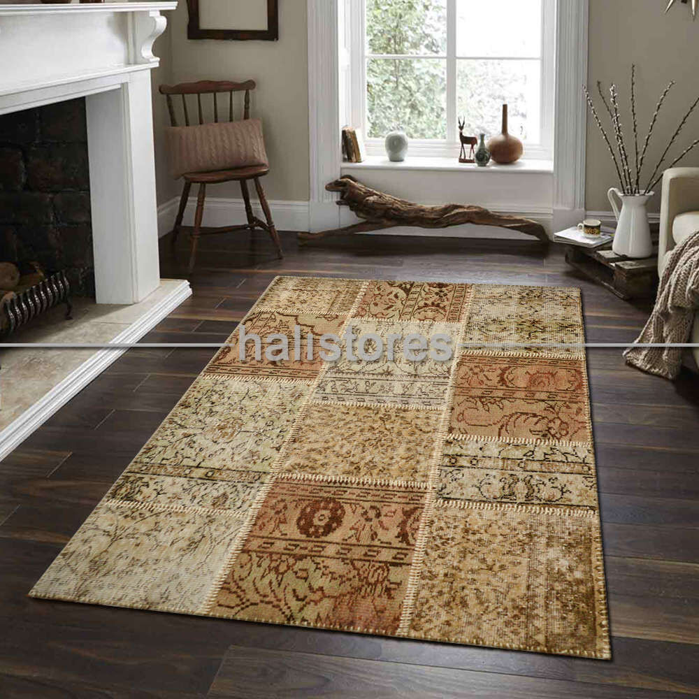 Liviadora Patchwork El Dokuma Halı Bej-Kahve