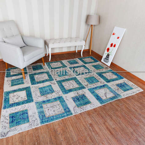 Liviadora Patchwork El Halısı Kübik Turkuaz-Bej - 1