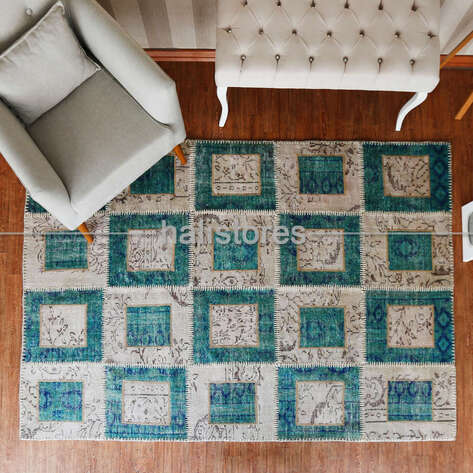 Liviadora Patchwork El Halısı Kübik Turkuaz-Bej - 2