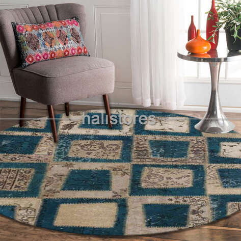 Liviadora Patchwork Yuvarlak Halı Kübik Turkuaz-Bej - 2