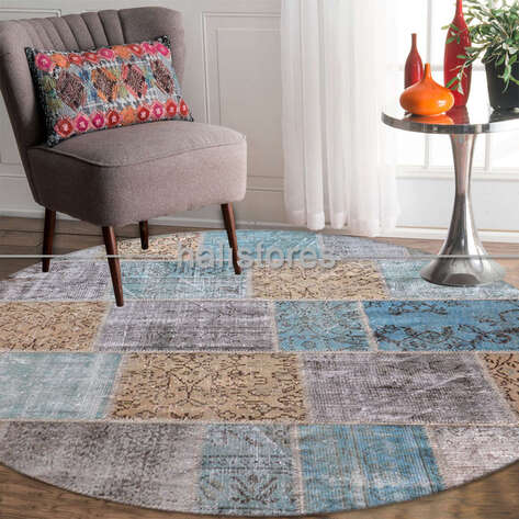 Liviadora Yuvarlak Antik Patchwork Halı Bej-Mavi-Turkuaz - 2