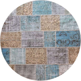 Liviadora Yuvarlak Antik Patchwork Halı Bej-Mavi-Turkuaz (1)