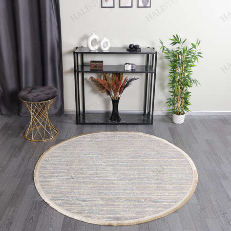 Makinede Yıkanabilir Yuvarlak Şönil Dokuma Kilim Bej 8703 - 1
