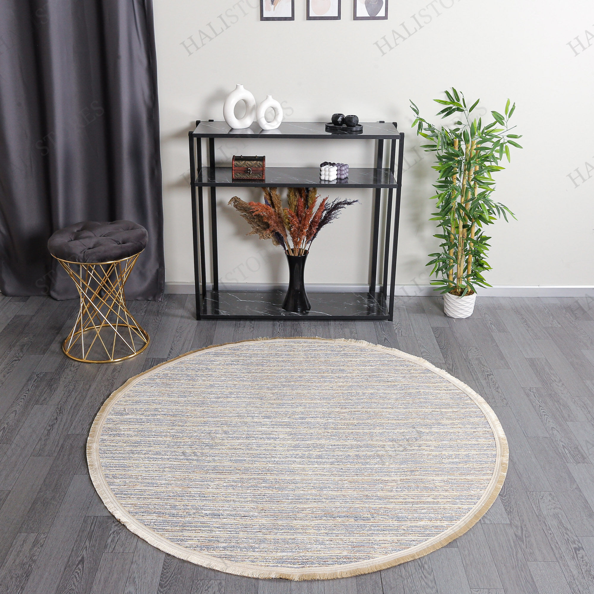 Makinede Yıkanabilir Yuvarlak Şönil Dokuma Kilim Bej 8703