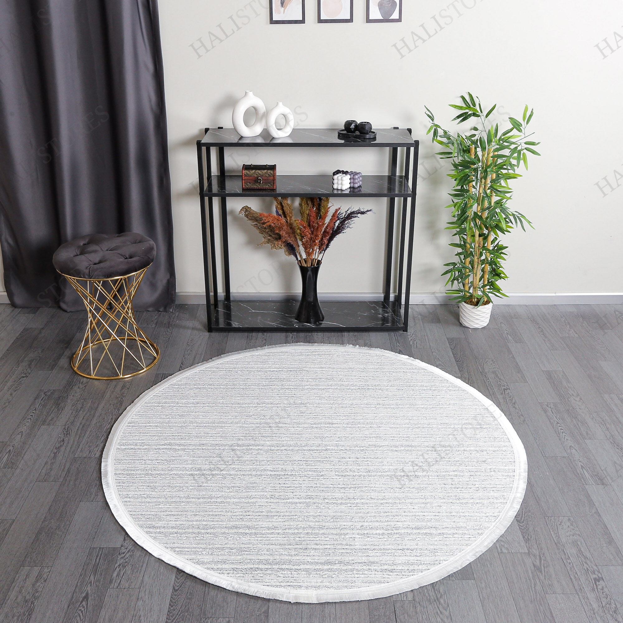 Makinede Yıkanabilir Yuvarlak Şönil Dokuma Kilim Beyaz 8706