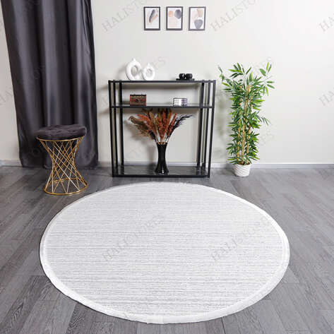 Makinede Yıkanabilir Yuvarlak Şönil Dokuma Kilim Beyaz 8706 - 3