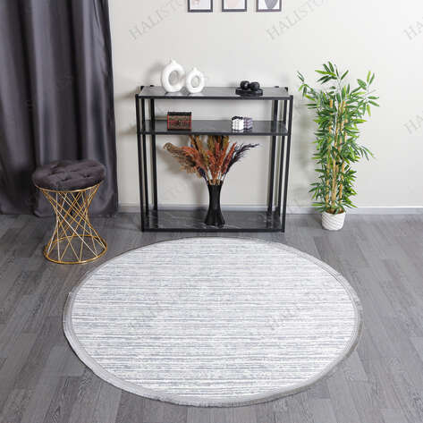 Makinede Yıkanabilir Yuvarlak Şönil Dokuma Kilim Gri 8702 - 1