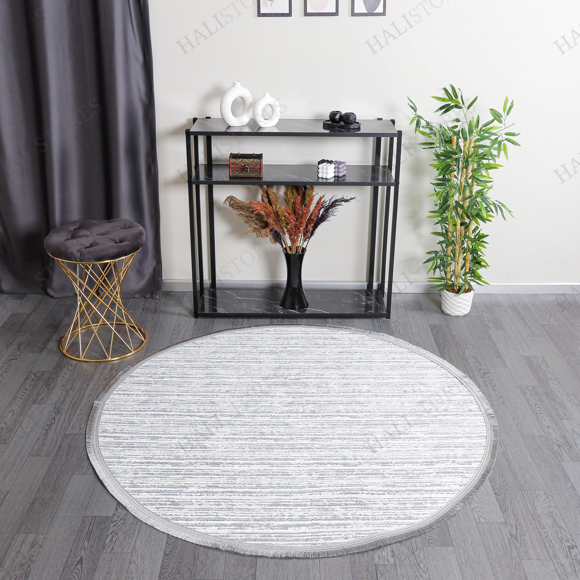 Makinede Yıkanabilir Yuvarlak Şönil Dokuma Kilim Krem 8701