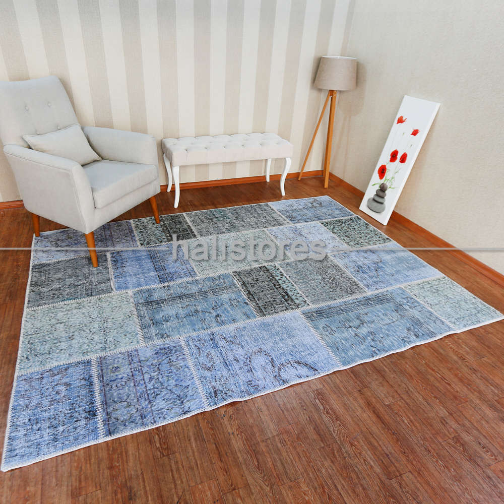 Mavi El Dokuma Patchwork Halı