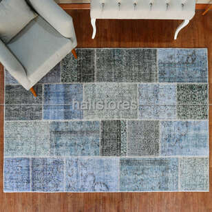 Mavi El Dokuma Patchwork Halı (2)