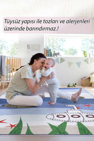 Denizaltı Dokuma Taban Dekoratif Mavi Çocuk Odası Halısı - 8