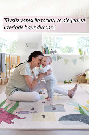 Sevimli Hayvanlar Seksek Dokuma Taban Renkli Çocuk Odası Halısı ve Oyun Halısı - 8