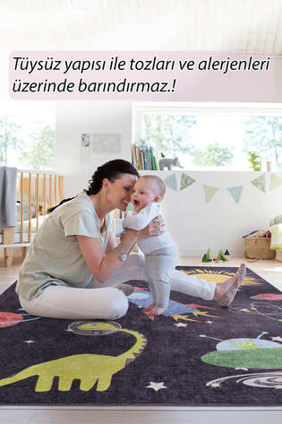 Eğitici Gezegenler Dokuma Taban Dekoratif Siyah Çocuk Odası Halısı ve Oyun Halıs AL 412 - 8