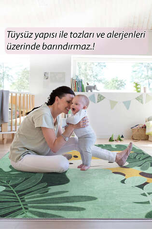 Sevimli Zebra Dokuma Taban Dekoratif Yeşil Çocuk Odası Halısı - 7