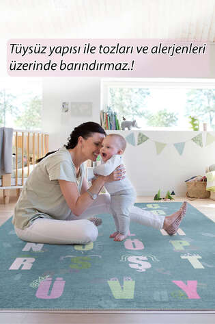 Eğitici Harfler Alfabe Dokuma Taban Dekoratif Yeşil Çocuk Odası Halısı ve Oyun Halısı - 8
