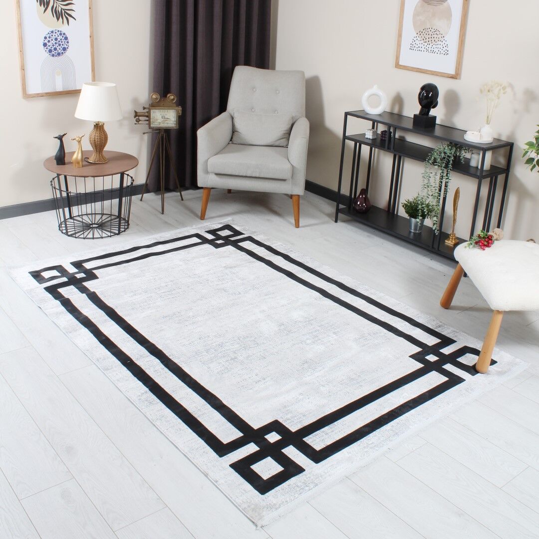 Modern Çerçeveli Gri-Siyah Yumuşak Dokulu Yıkanabilir Salon Halısı