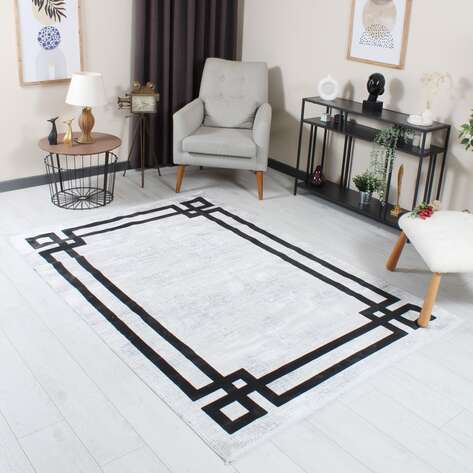 Modern Çerçeveli Gri-Siyah Yumuşak Dokulu Yıkanabilir Salon Halısı - 1