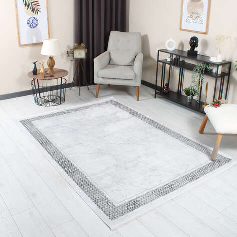 Modern Çerçeveli Mermer Desenli Yumuşak Dokulu Yıkanabilir Halı - 1