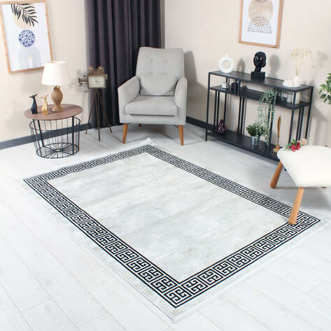 Modern Bordür Desenli Siyah-Krem Yumuşak Dokulu Halı - 1