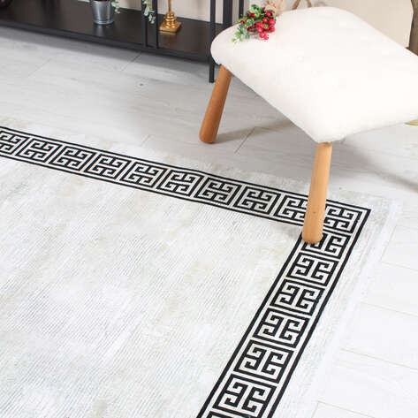 Modern Bordür Desenli Siyah-Krem Yumuşak Dokulu Halı - 3