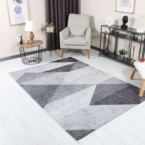 Modern Geometrik Desenli Gri Yumuşak Dokulu Yıkanabilir Halı - 1