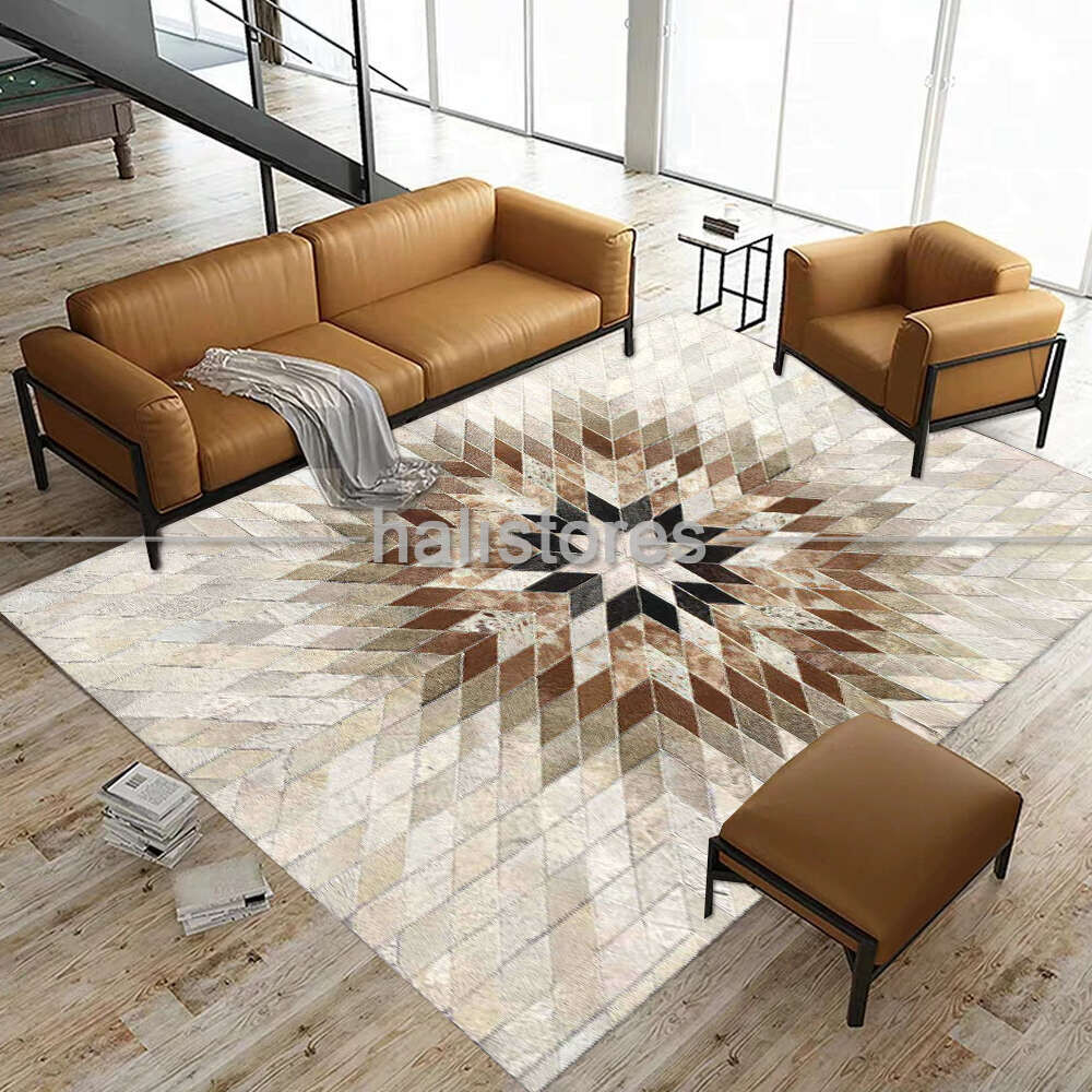 Özel Tasarım Beyaz-Kahve Deri Patchwork Halı