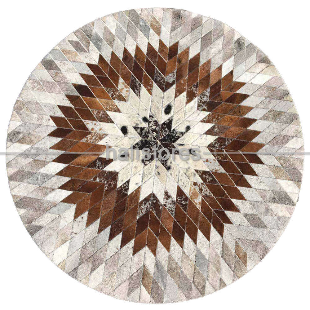 Özel Tasarım Beyaz-Kahve Yuvarlak Deri Patchwork Halı
