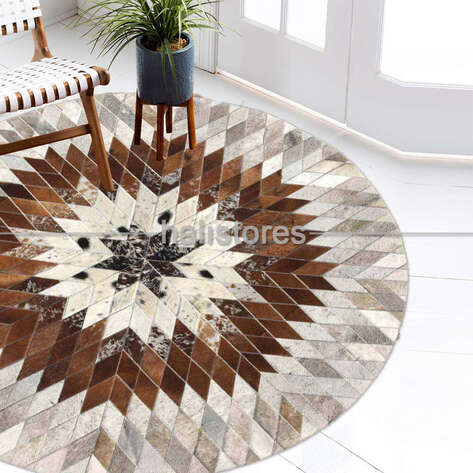 Özel Tasarım Beyaz-Kahve Yuvarlak Deri Patchwork Halı - 2