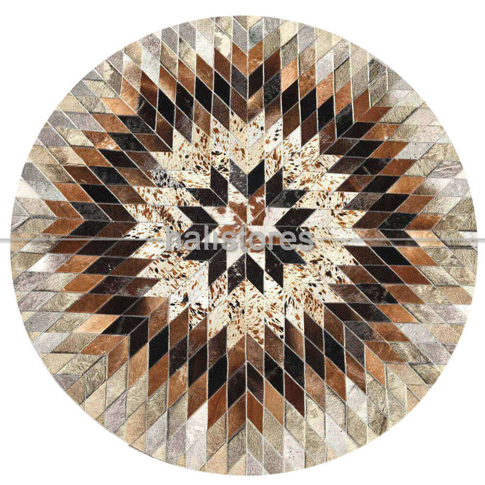 Özel Tasarım Kahve-Krem Yuvarlak Deri Patchwork Halı