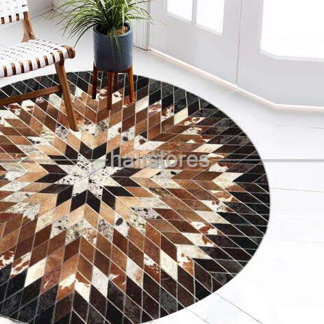 Özel Tasarım Koyu Kahve Yuvarlak Deri Patchwork Halı - 2
