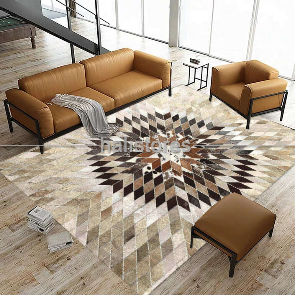 Özel Tasarım Krem-Kahve Deri Patchwork Halı