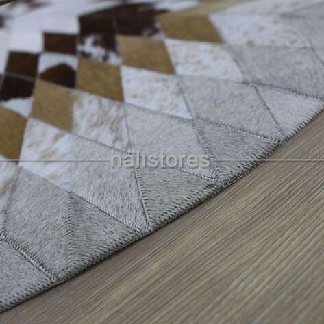 Özel Tasarım Krem-Kahve Yuvarlak Deri Patchwork Halı - 4