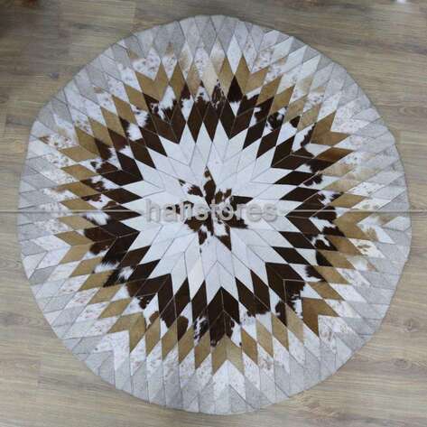 Özel Tasarım Krem-Kahve Yuvarlak Deri Patchwork Halı - 3