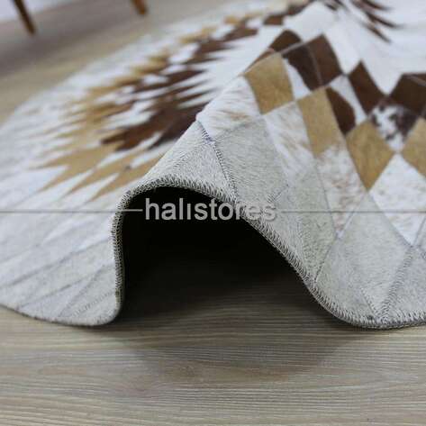 Özel Tasarım Krem-Kahve Yuvarlak Deri Patchwork Halı - 5