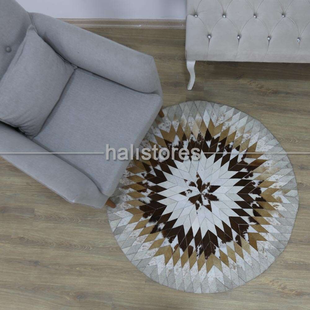 Özel Tasarım Krem-Kahve Yuvarlak Deri Patchwork Halı