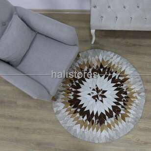 Özel Tasarım Krem-Kahve Yuvarlak Deri Patchwork Halı (1)