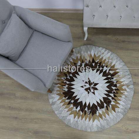 Özel Tasarım Krem-Kahve Yuvarlak Deri Patchwork Halı - 1