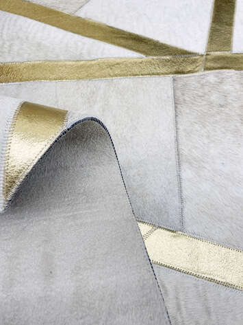 Özel Tasarım Varaklı Krem Gold Deri Patchwork Halı - 5