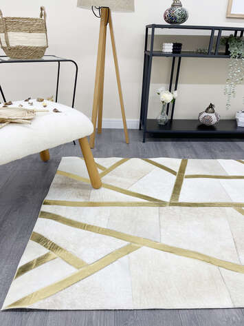Özel Tasarım Varaklı Krem Gold Deri Patchwork Halı - 2