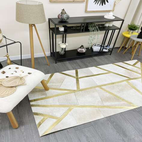 Özel Tasarım Varaklı Krem Gold Deri Patchwork Halı - 1