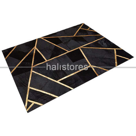 Özel Tasarım Varaklı Siyah Deri Patchwork Halı - 2