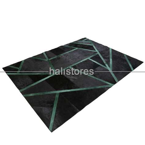 Özel Tasarım Varaklı Siyah-Yeşil Deri Patchwork Halı - 3
