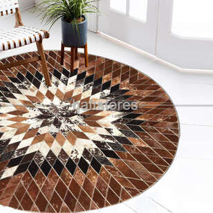 Özel Tasarım Yuvarlak Deri Patchwork Halı Kahve (2)