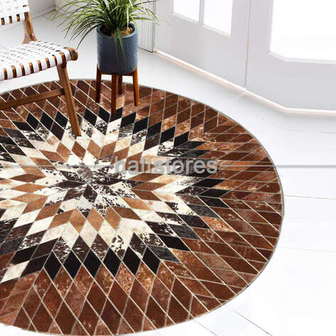 Özel Tasarım Yuvarlak Deri Patchwork Halı Kahve - 2