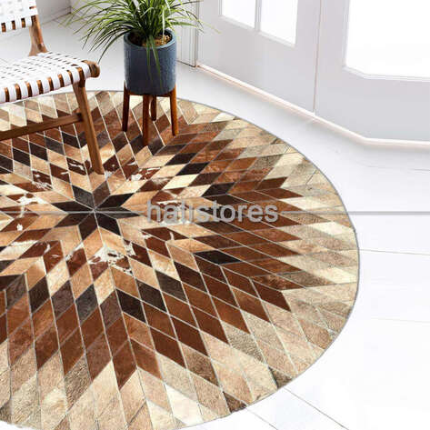 Özel Tasarım Yuvarlak Deri Patchwork Halı Kahve-Krem - 2